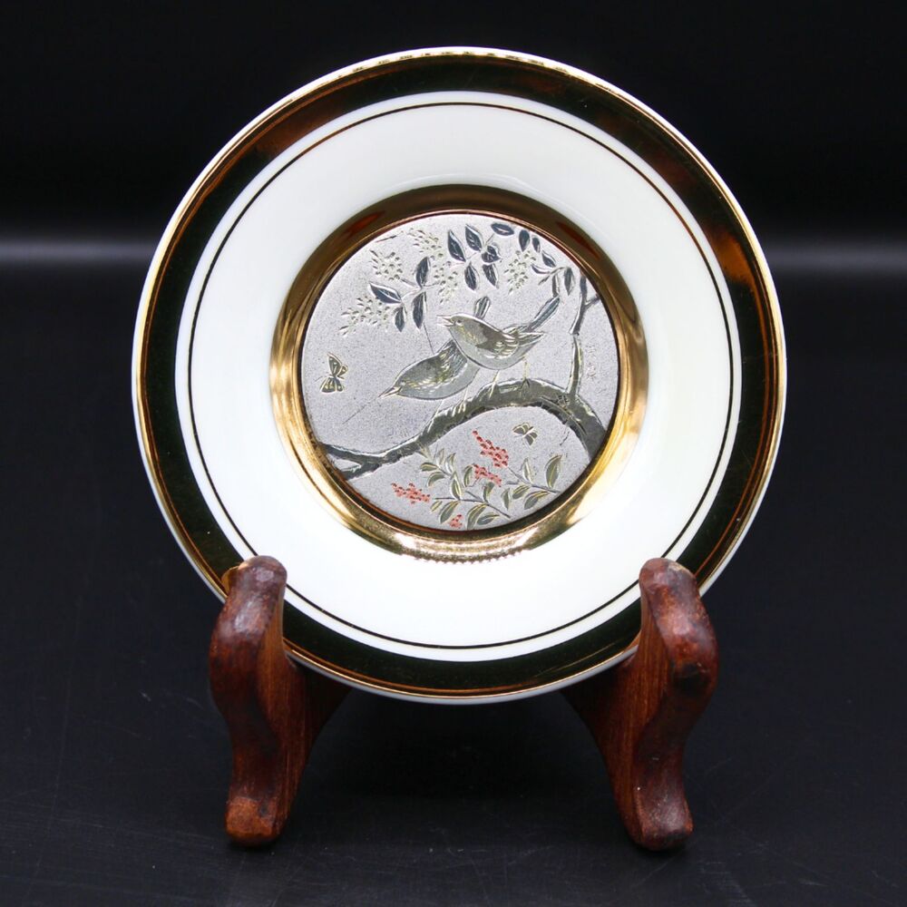 Vintage Chokin Art Plate Lovebirds Butterflies Japan 24K Gold Trim Mini Display
